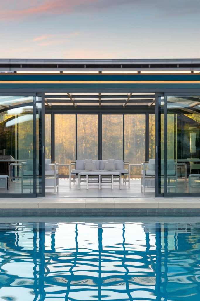 Modern terrace with white furniture in a glass canopy reflected in a swimming pool under a blue sky.