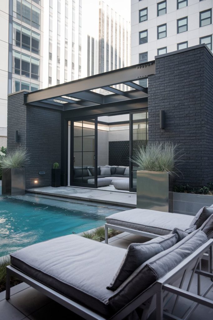 Modern roof terrace with pool, loungers and seating area. Surrounded by tall buildings and with gray brick and glass structures.