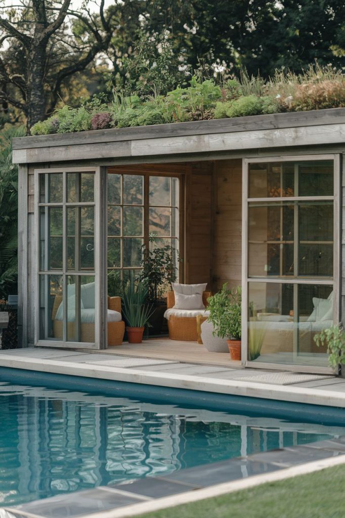 A cozy wooden poolside cabin with large glass doors opens to reveal potted plants and wicker furniture. A lush green roof crowns the hut.