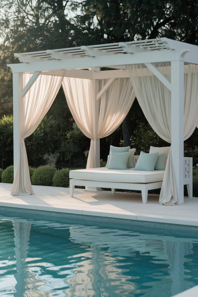 A white pergola with flowing curtains and an upholstered daybed stands next to a blue swimming pool surrounded by greenery.