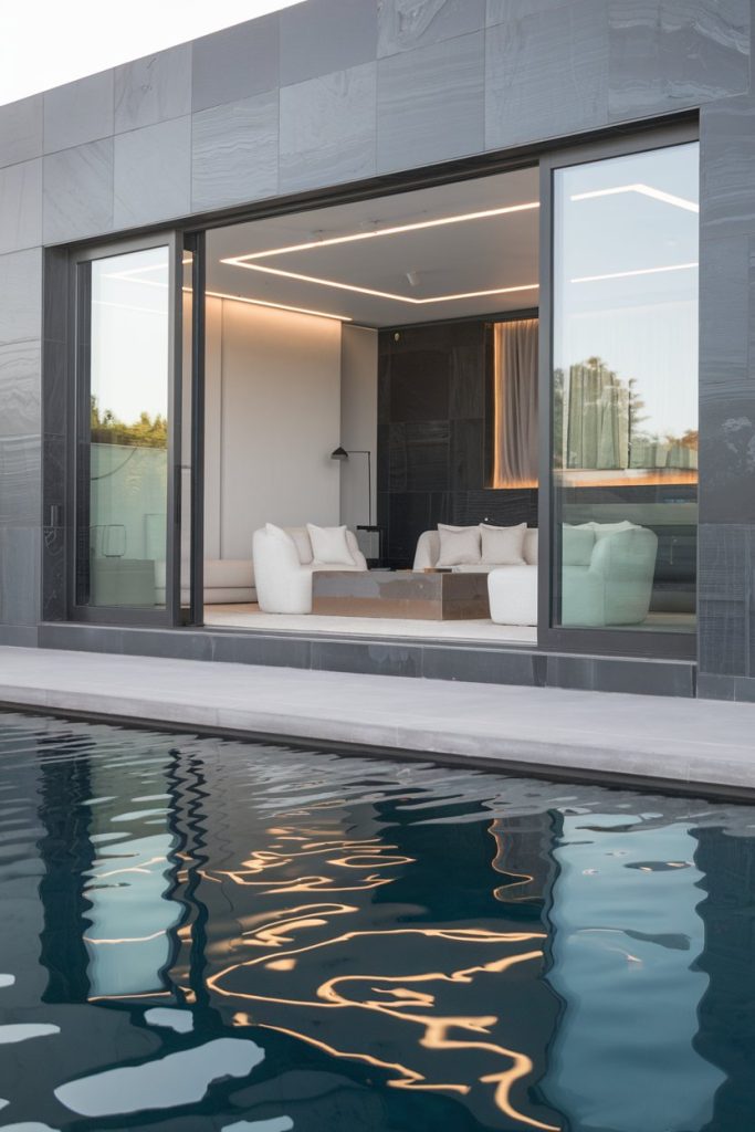 Modern building with large glass windows showing a minimalist living room. In the foreground there is a pool with reflecting water.