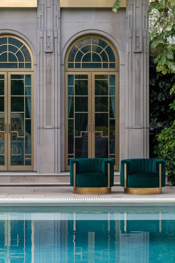 Two dark green chairs stand by a pool in front of a decorative building facade with arched windows and leafy plants.