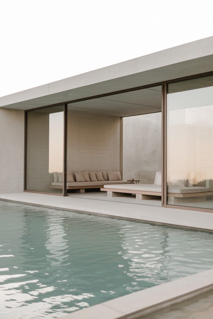 Modern, minimalist house with large glass walls, a pool in front and an outdoor seating area with beige cushions.