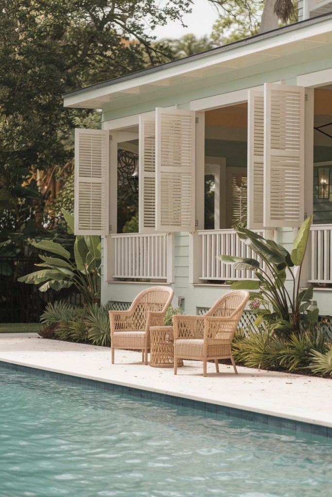 Two wicker chairs next to a poolside terrace with open shutters and surrounding greenery.