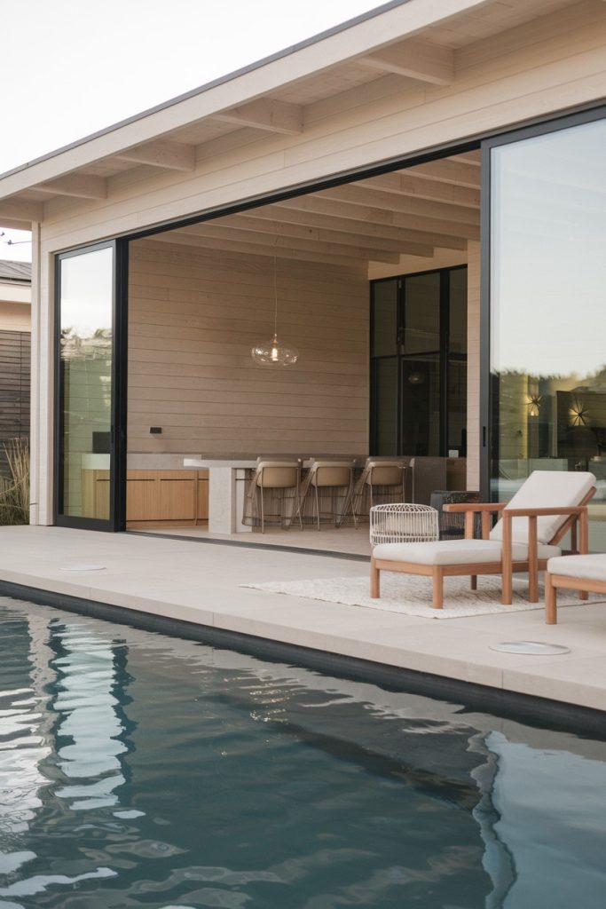 Modern house with open sliding glass doors to the dining area, adjacent to a pool. The room includes a rug, a lounge chair and neutral tones.