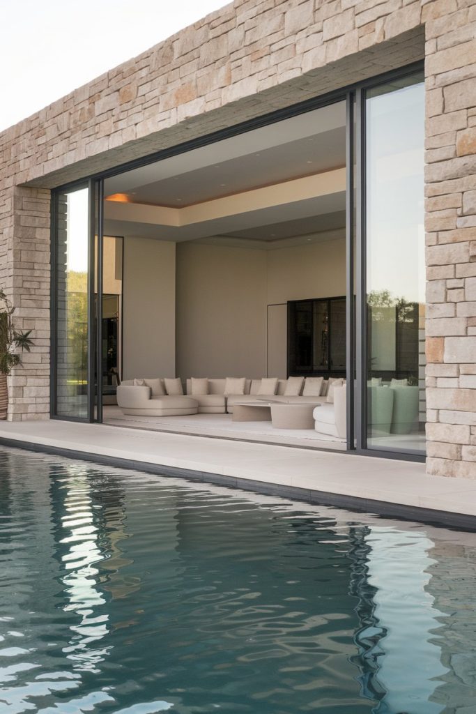 Modern home with large sliding glass doors leading to a room with beige sofas; The outdoor area features stone walls and a pool in the foreground.