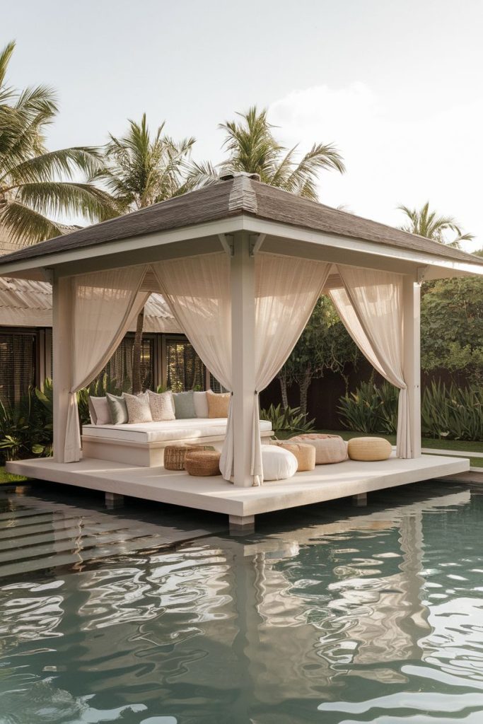 A tranquil outdoor pavilion with white curtains surrounded by a pool and palm trees in the background.