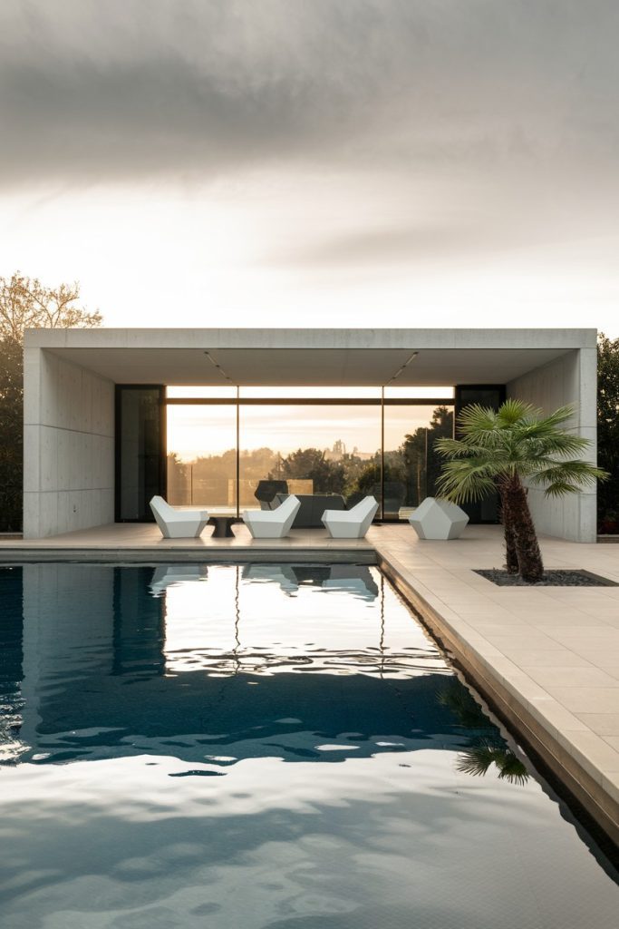 Modern minimalist house with large glass windows, three geometric chairs and a swimming pool in the foreground flanked by a palm tree.