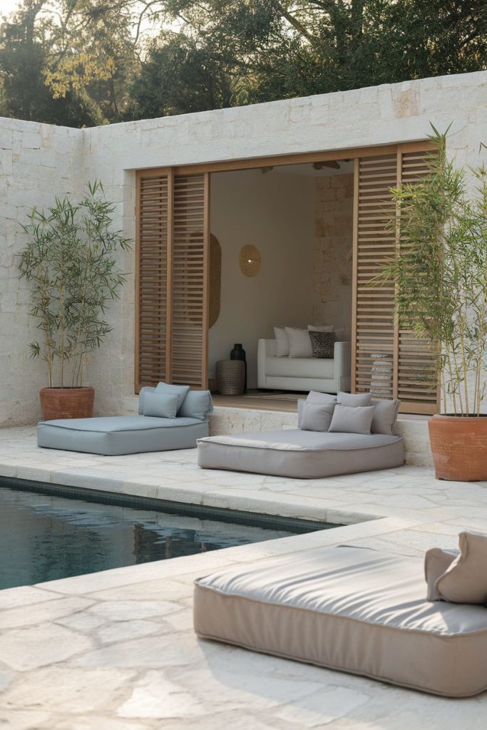 A tranquil outdoor lounge with cushioned seating near a rectangular pool surrounded by stone walls and potted plants. A sofa is visible through open wooden sliding doors.