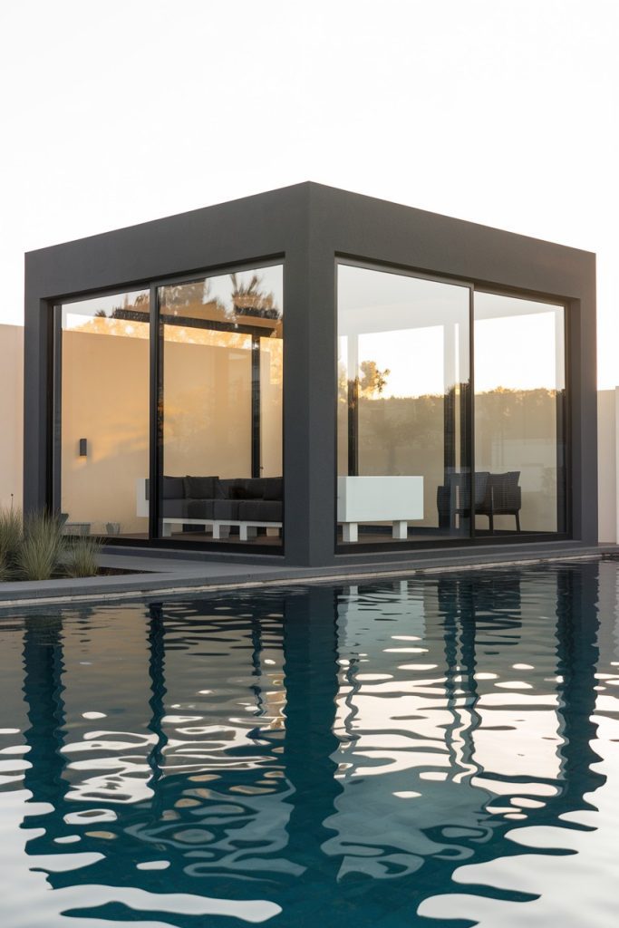 Modern cube-shaped building made of glass and steel with minimalist furniture reflected in a pool in the foreground.