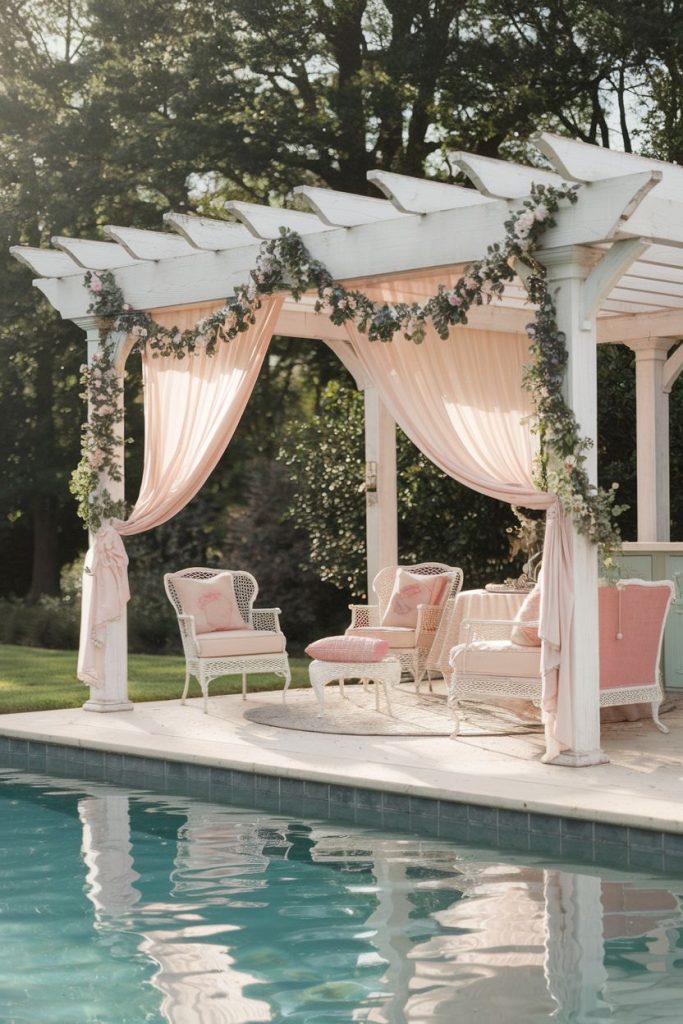 A white pergola with pink curtains and flower garlands stands by a pool. Wicker chairs and a table with pink cushions and fabric complete the outdoor ambience. Trees can be seen in the background.