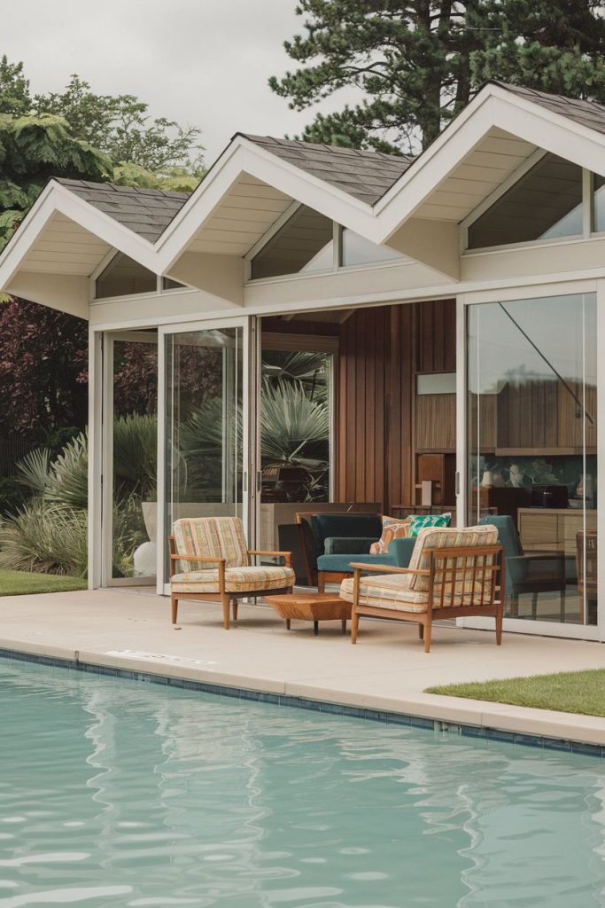 Modern house with glass walls and zigzag roof by the swimming pool. The terrace is furnished with wooden armchairs and a table and is surrounded by lush greenery.