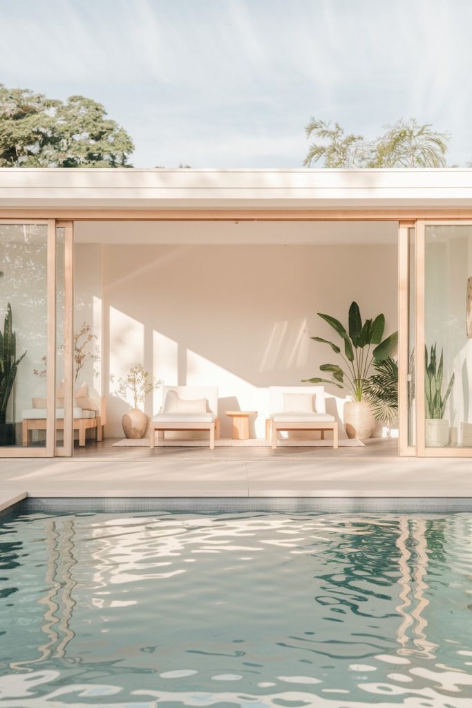 A modern poolside terrace with two white lounge chairs surrounded by large glass doors and potted plants reflects a minimalist and calm design.