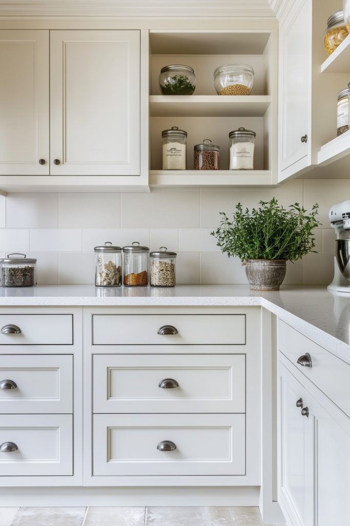 A minimalist kitchen with bright cabinets, open shelves with jars and a potted plant on the countertop.