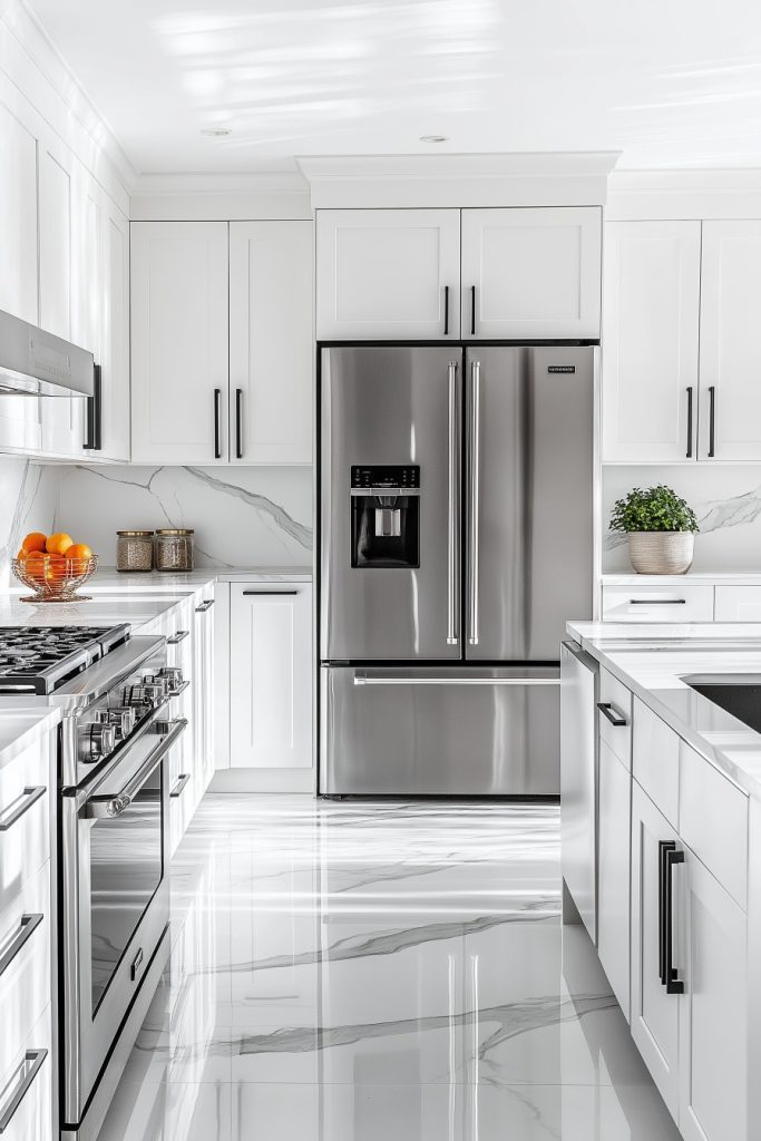 Modern kitchen with white cabinets, stainless steel appliances, double door refrigerator, oven, and marble countertops. There is a bowl of oranges and a potted plant on the countertop.