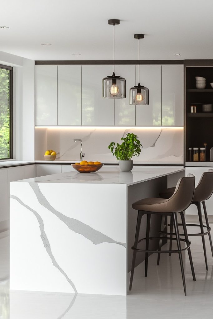 Modern kitchen with a white marble island, two bar stools, pendant lights and minimalist cabinets. There is a bowl of oranges and a potted plant on the countertop.