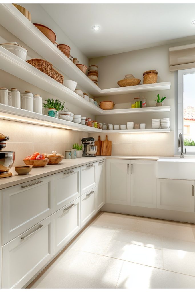 A bright, organized kitchen with white cabinets, open shelves full of glasses and bowls, a window and a farmhouse sink.