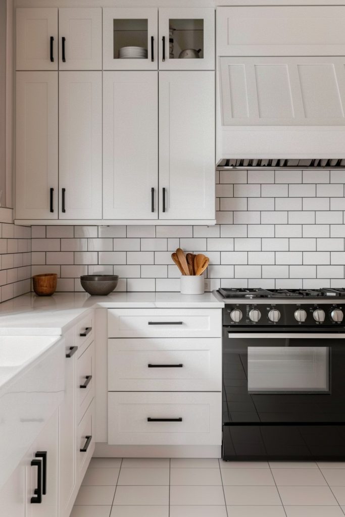 Modern kitchen with white cabinets, black handles, tiled backsplash, black stove and a worktop with bowls and utensils.