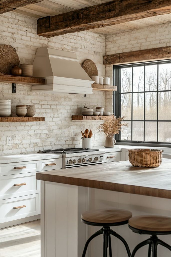 Rustic kitchen with white brick walls, wooden shelves, a large window and a center island with two stools. A basket and utensils sit on the counter and pottery adorns the shelves.