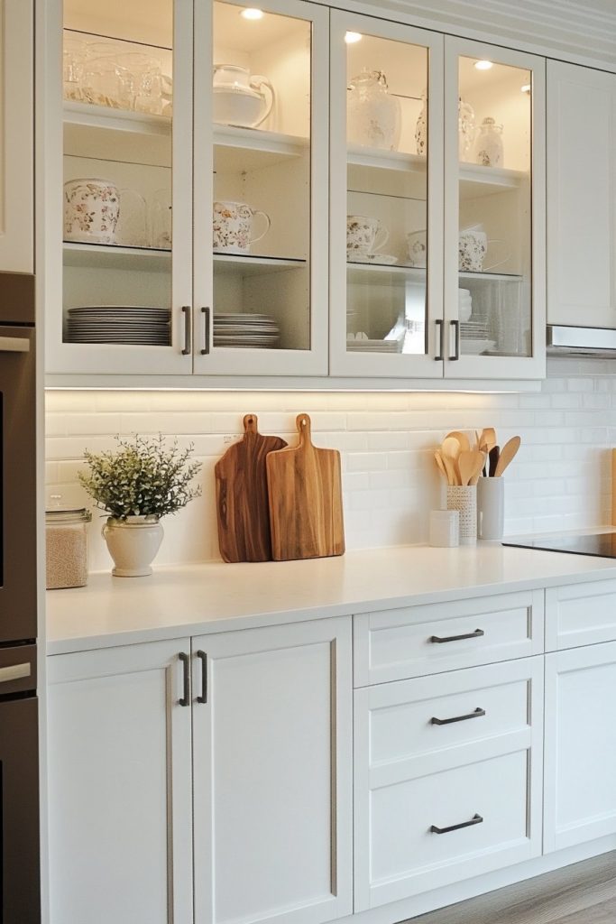 White kitchen cabinets with glass doors showcase dishes and teapots. Countertop elements include cutting boards, kitchen utensils and a small potted plant against a white tile backsplash.