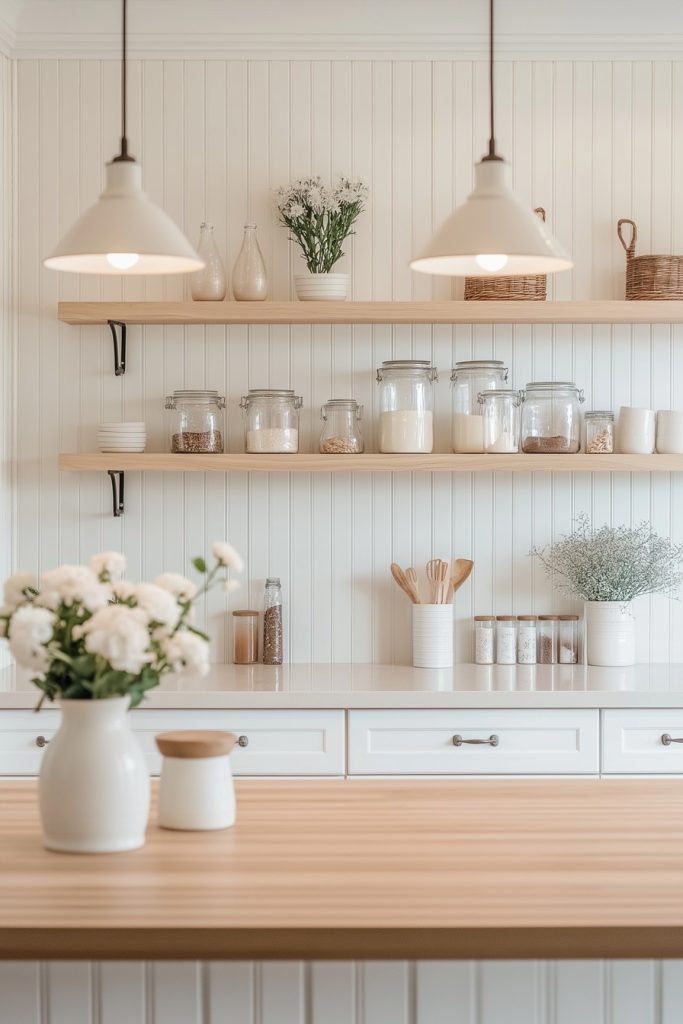 A minimalist kitchen with wooden shelves displaying glasses, a vase of white flowers on the countertop, and pendant lights hanging from the ceiling.