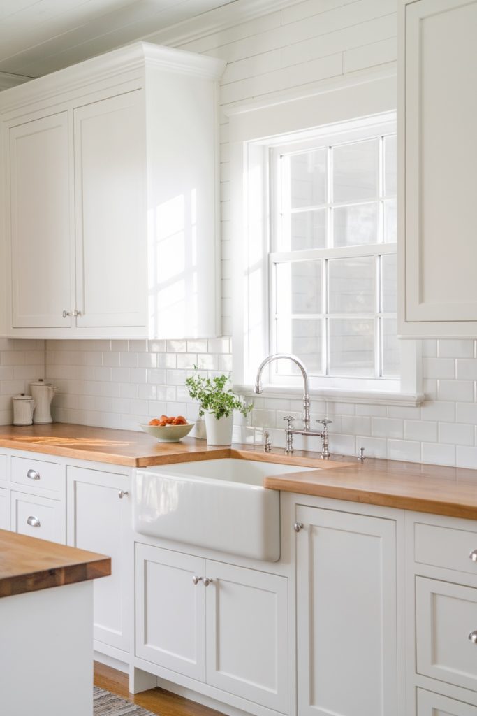 A bright kitchen with white cabinets, a farmhouse sink and a wooden countertop. A bowl of tomatoes and potted herbs sits near the window, the back wall of which is made of white subway tiles.