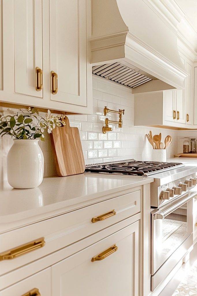 A modern kitchen features white cabinets, gold handles, a stovetop with an extractor hood, a wooden cutting board, a white vase with flowers and kitchen utensils on a white countertop.