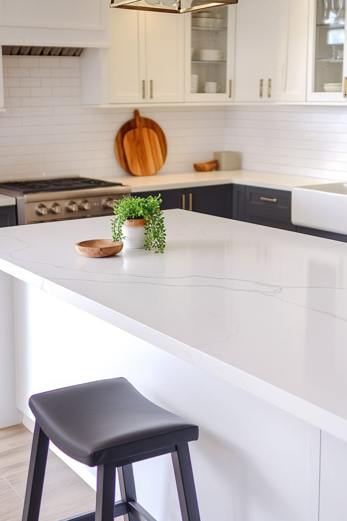 Modern kitchen with white island, black stool, <a href=