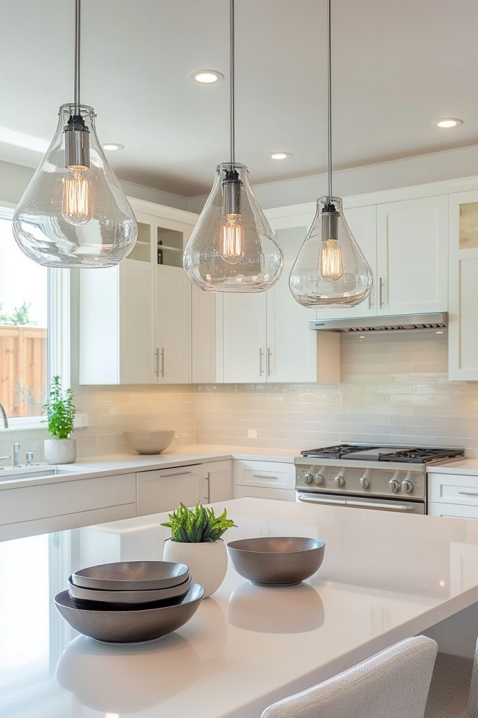 Modern kitchen with white cabinets, glass pendant lights, a stove and bowls on a white countertop. There is a plant next to the sink.