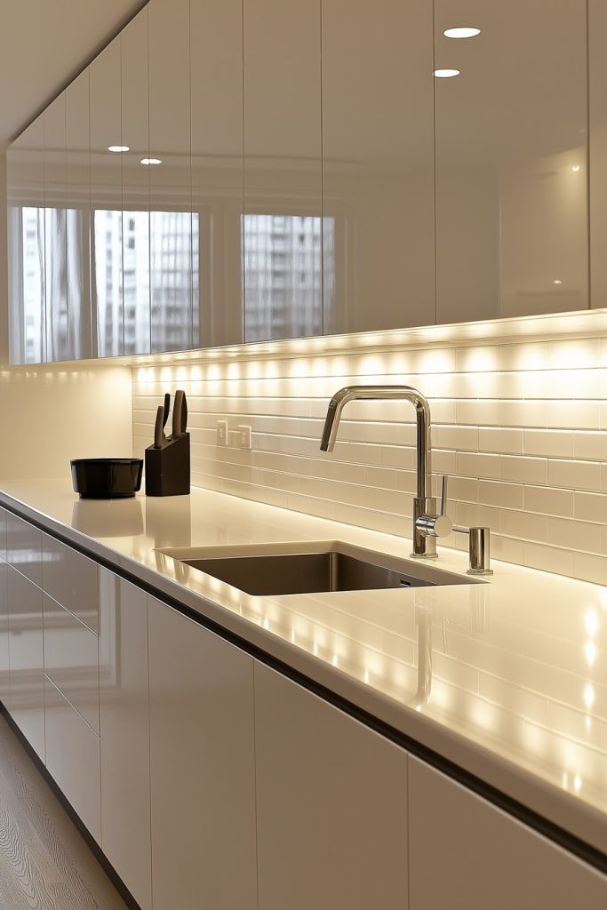 Modern kitchen with glossy white cabinets, stainless steel sink, faucet and under cabinet lighting. There is a black knife block and bowls on the worktop.