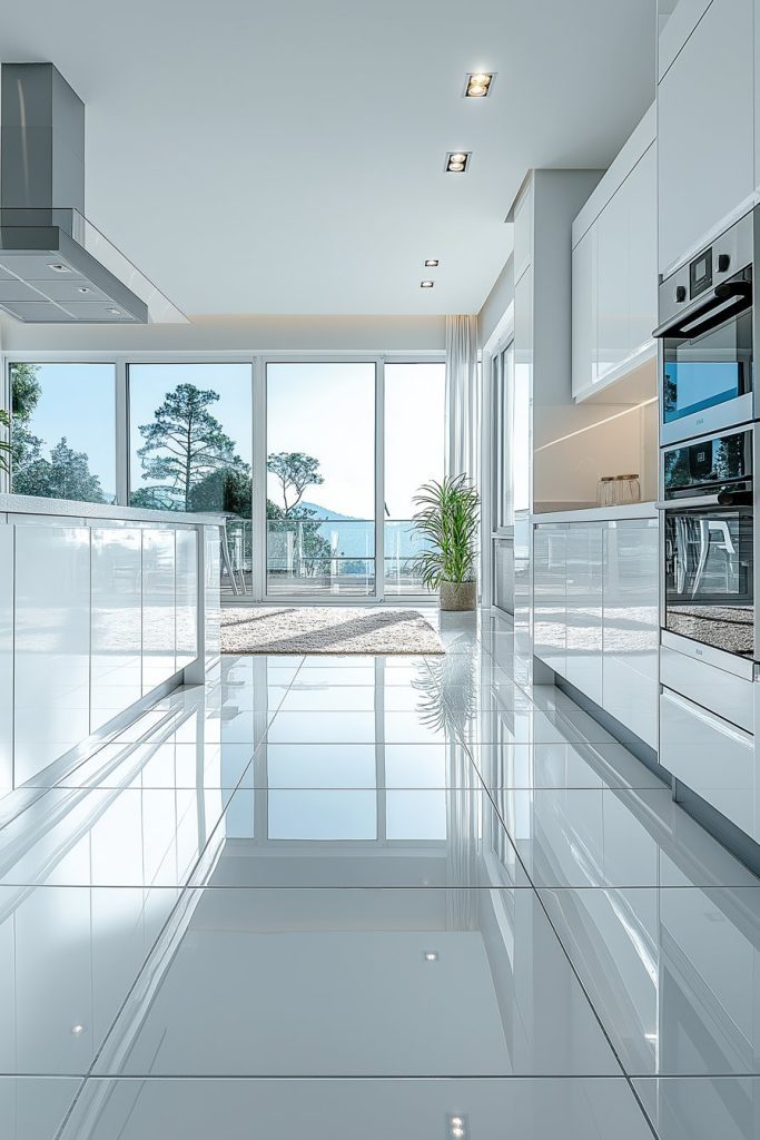 Modern kitchen with glossy white cabinets and floor tiles, stainless steel appliances and large windows with beautiful outdoor views.