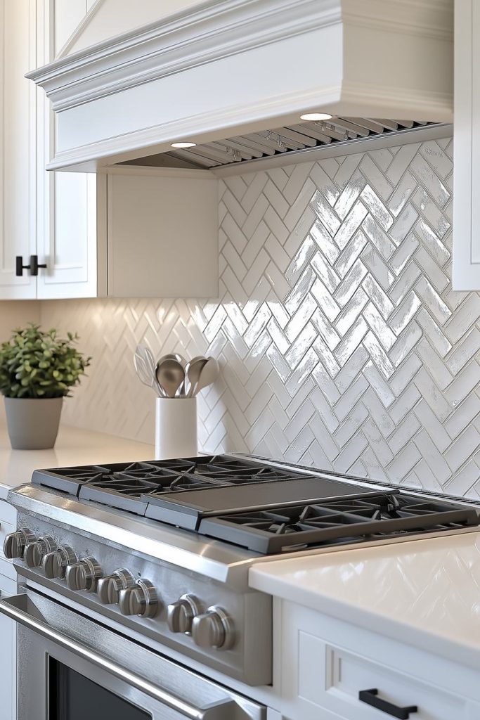 Modern kitchen with a stainless steel gas stove, a white herringbone tile backsplash and a small potted plant on the countertop.