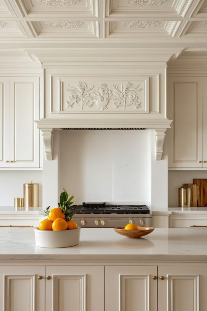 Elegant white kitchen with decorative cabinets and detailed extractor hood. There is a bowl of oranges on the countertop, next to a wooden bowl with a single orange.