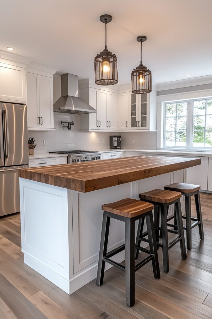 Modern kitchen with white cabinets, stainless steel appliances and a wooden island. Three wooden stools are placed along the island. Pendant lights hang from the ceiling.