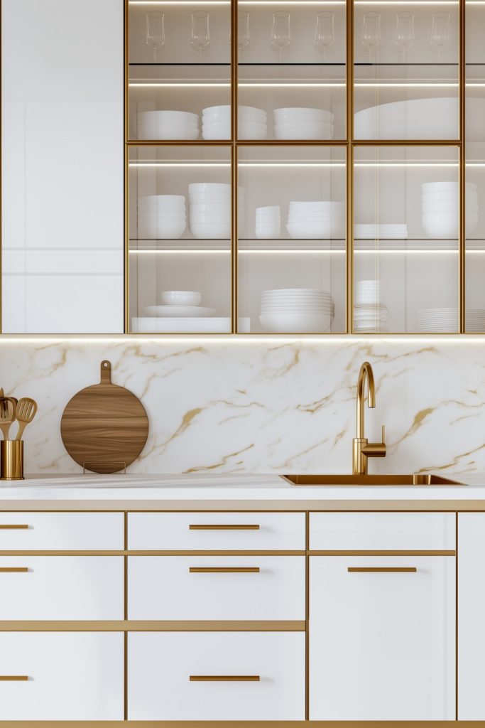 A modern kitchen with white and gold cabinets, marble backsplash and a gold faucet. White dishes and glasses sit on shelves. A round cutting board leans on the counter.