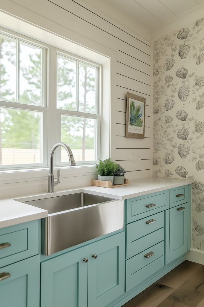 A kitchen nook with light blue cabinets, a stainless steel sink, a large window and shell-patterned wallpaper.