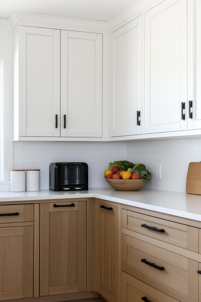 Modern kitchen with white upper cabinets and wooden lower cabinets. On the white countertop there is a black toaster, two canisters and a fruit bowl.