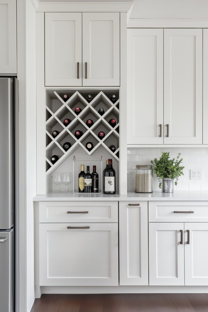 A kitchen with white cabinets, a wine rack filled with bottles, a few more bottles on the counter, two glasses, a plant and a bread bin on the counter.