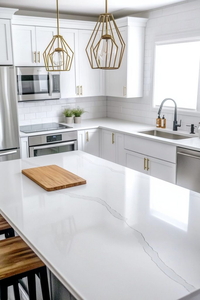 Modern kitchen with white cabinets, stainless steel appliances and a marble countertop island. Two geometric pendant lights hang above it, and a wooden cutting board hangs on the island.