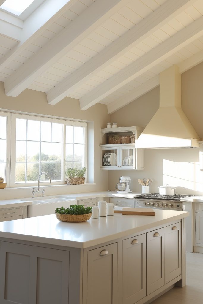 Bright kitchen with skylights, light wood cabinets and island. Includes stove with extractor hood, windows and potted plants.