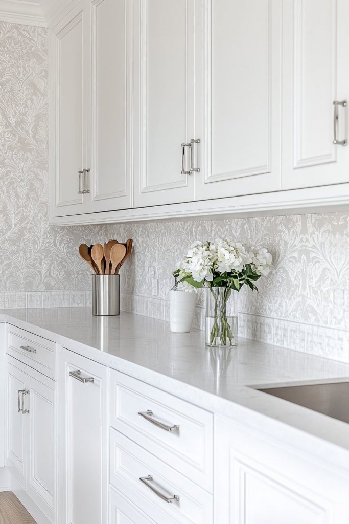 A white kitchen counter with cabinets, a vase of white flowers and a container of wooden utensils in front of a floral patterned splashback.