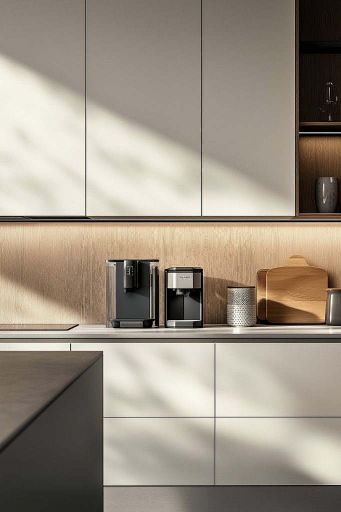 Modern kitchen with elegant cabinets, two coffee machines on the countertop and natural light casting shadows on the wall.