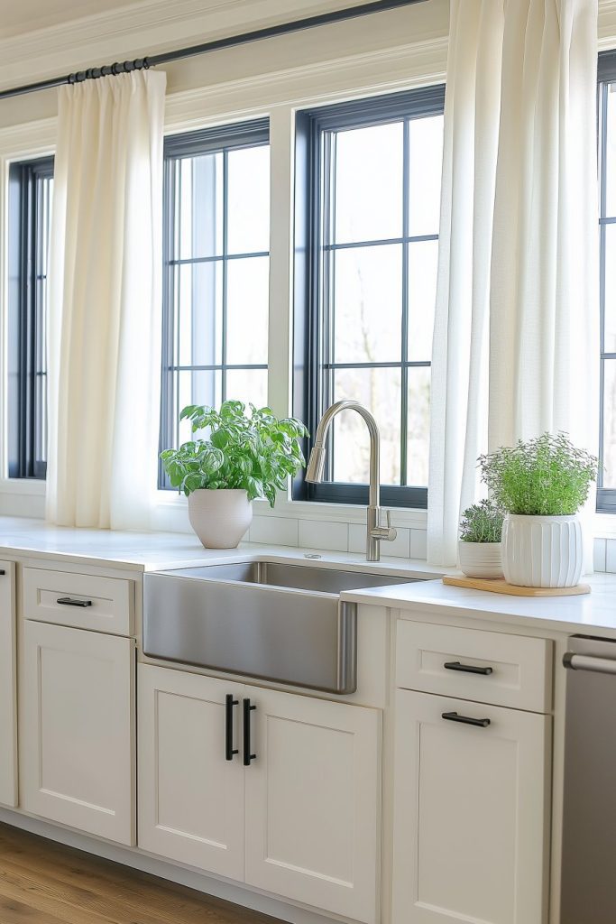 A modern white kitchen with a stainless steel farmhouse sink, two potted plants on the countertop and large windows with white curtains.