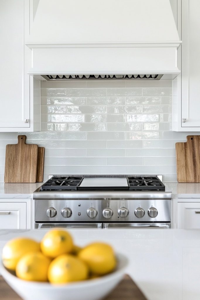 A modern kitchen with a stainless steel stove, a white tile backsplash, wooden cutting boards and a white countertop with a bowl of lemons.