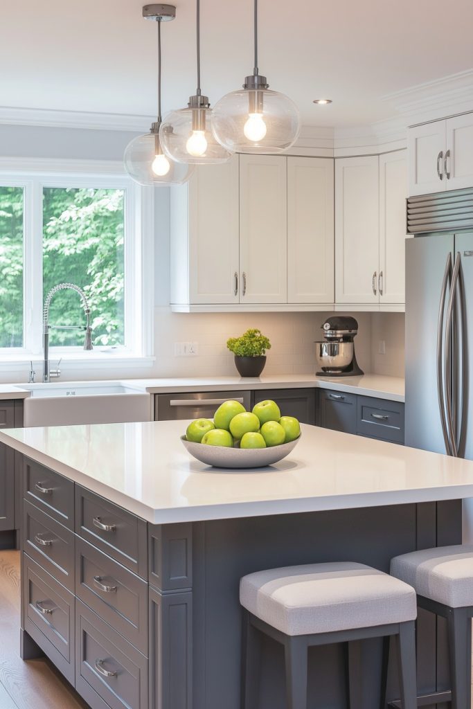 Modern kitchen with gray cabinets, a white island with a bowl of green apples, stainless steel appliances, and three pendant lights.