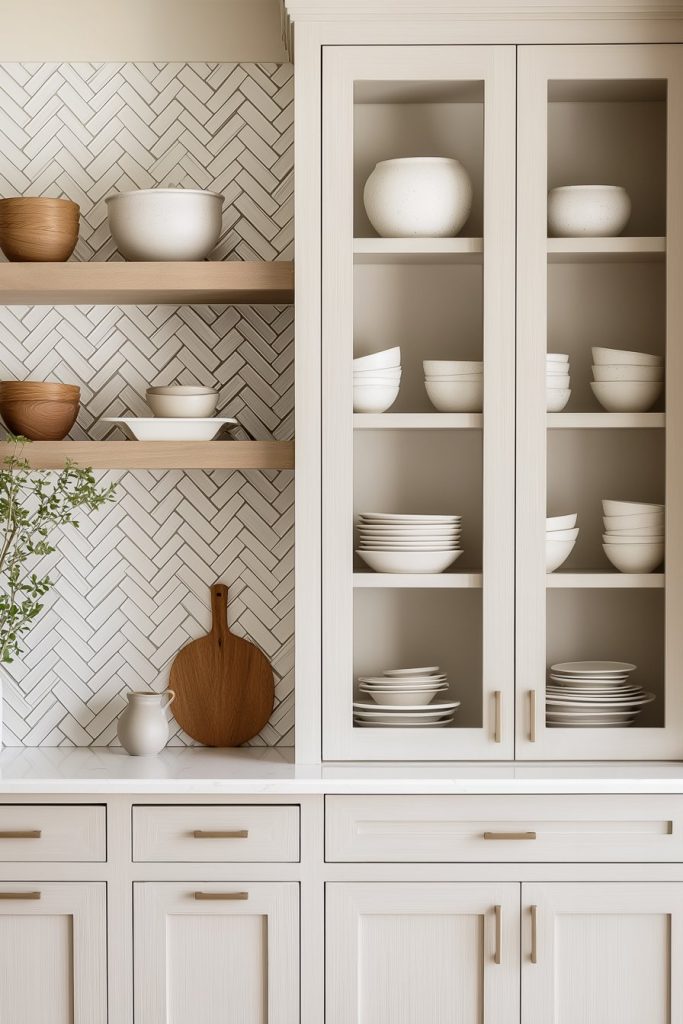 Kitchen with light wood cabinets, open shelving and a herringbone tile backsplash. White plates and bowls are neatly arranged inside and on the shelves.