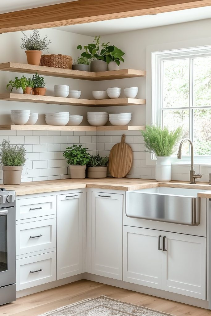 A bright kitchen with white cabinets, open wooden shelves with bowls and plants, a farmhouse sink and a window with a view of the greenery.