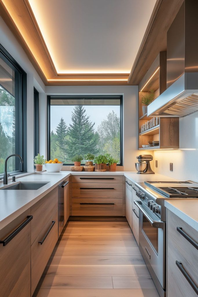 Modern kitchen with wooden cabinets, stainless steel appliances and large window. Potted plants, citrus fruits and a food processor sit on the countertops. Recessed ceiling lights illuminate.