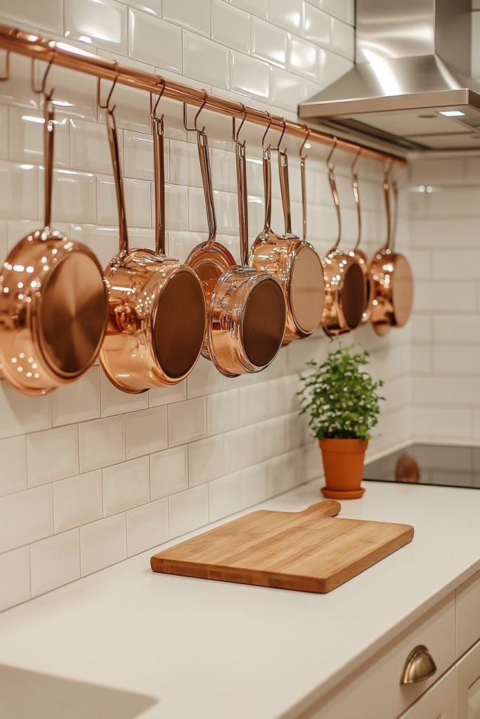 A kitchen with copper pots hanging over a counter that holds a wooden cutting board and a small potted plant.