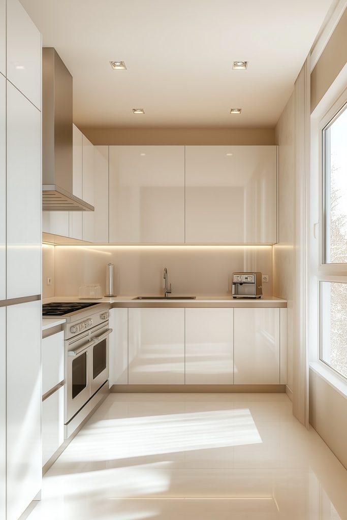 Modern kitchen with glossy white cabinets, a sleek stainless steel stove, and a countertop coffee maker. Sunlight streams through a large window and illuminates the room.